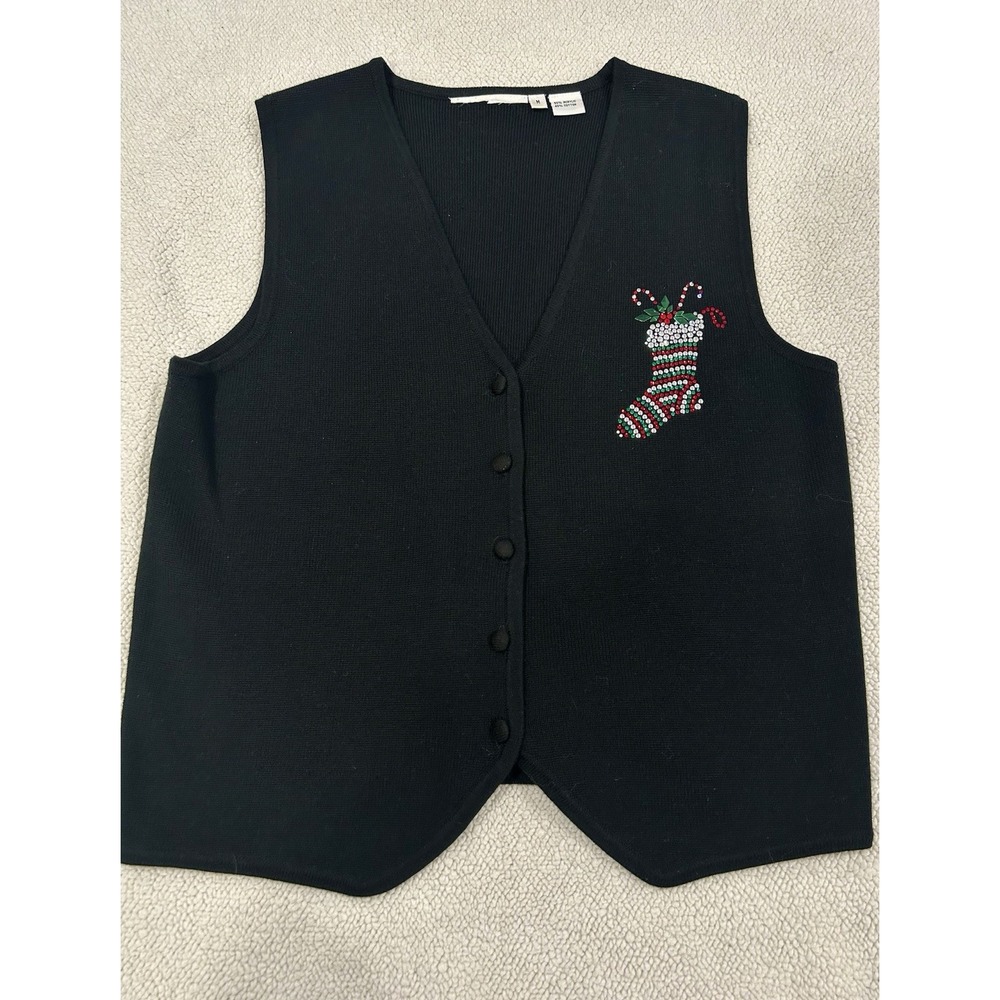 Christine Alexander M Black Christmas Holiday Sweater Vest Rhinestone Candy Cane